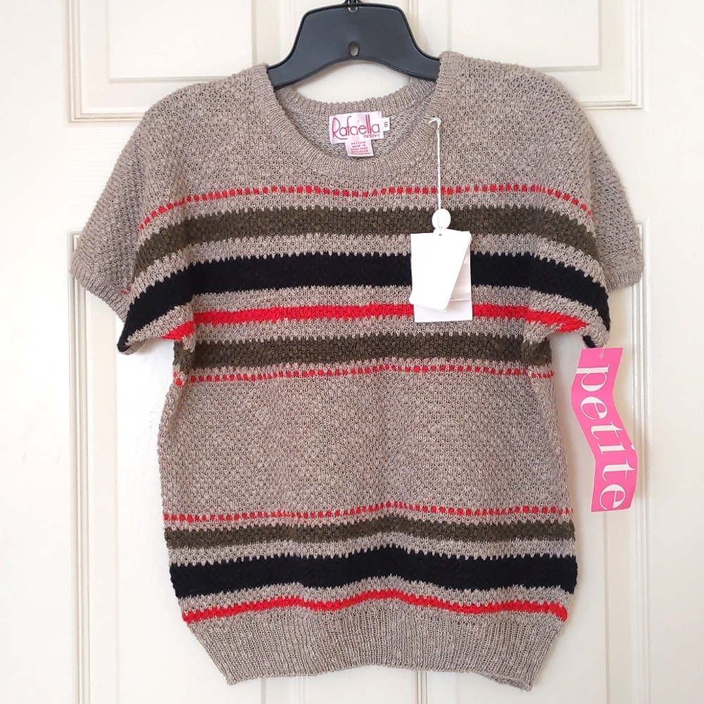 NWT. Woman's Cotton/Ramie short sleeve crochet sweater with multi color stripes.